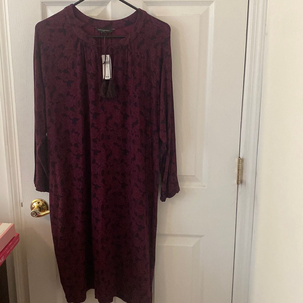 Banana Republic wine & black dress w keyhole neck & fringe tie L NWT PTP 23 - Picture 8 of 16
